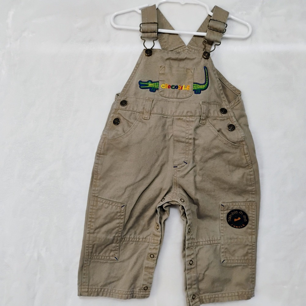 Vtg Khaki Crocodile Embroidered Cotton Overalls Boys 18M Tumble In The Jungle E